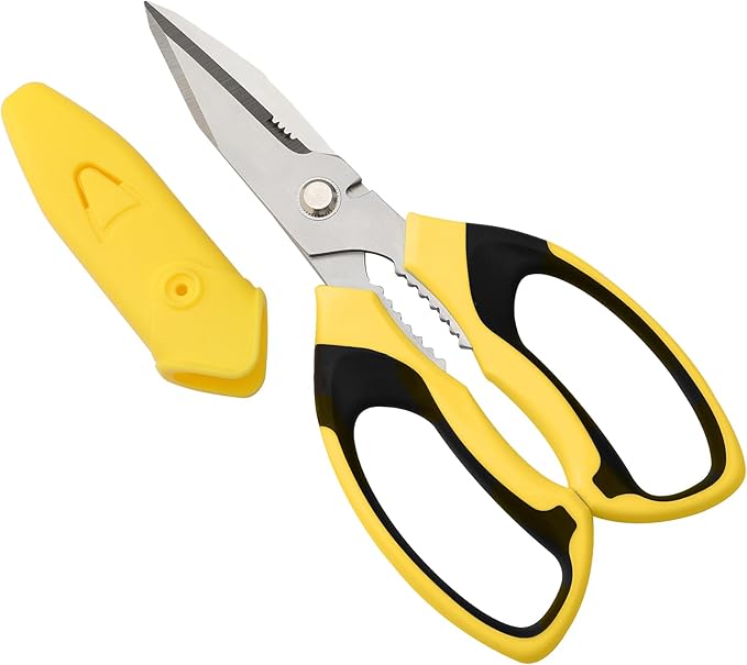 BoFuYuan Utility Scissors All Purpose heavy duty 8-Inch Yellow | Comfort Grip, Sharp Serrated Blades Cutting Carpet Cardboard Wire Fabric, Multipurpose Shears for Kitchen Garden Office Craft