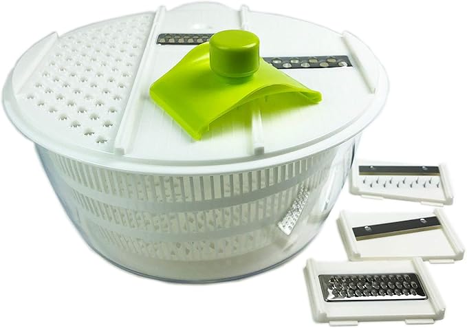 HUJI Salad Spinner and Mandoline Multifunctional Set, Vegetable Dryer With 6 Blades and Pouring Spout - 4L (2PK)