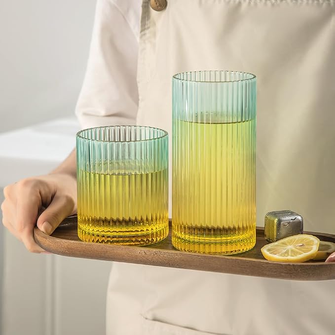 Ribbed Drinking Glasses 8pcs, 12oz and 10oz Glassware, Tumbler Glasses Cup Set for Wedding, Party, Christmas Gift, Golden Green