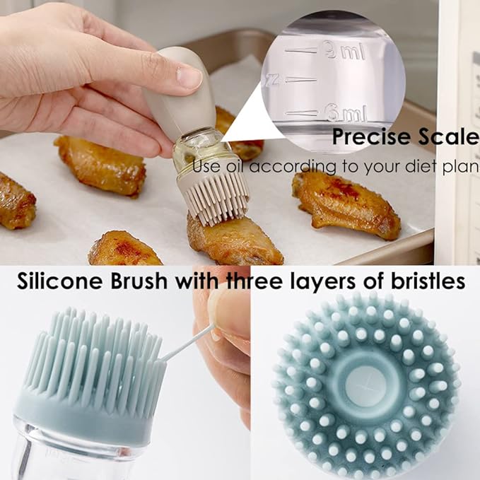 Oil Dispenser with Brush - 3 Pack 2 IN 1 Olive Oil Dispensing Bottle with Basting Brush for Cooking Frying Baking Kitchen, 180ml, T-OB21 Blue+Grey+Green