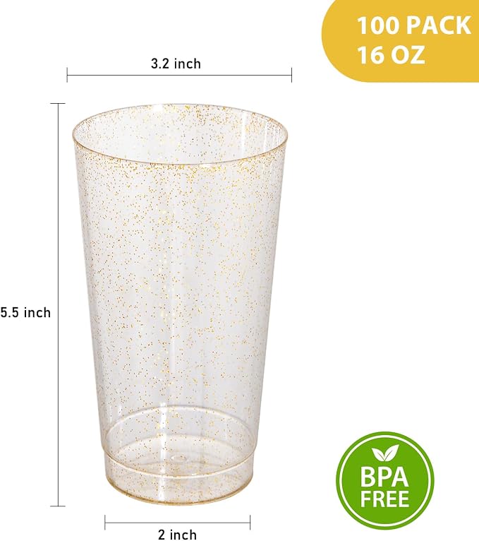 I00000 16 oz Gold Plastic Cups, 100 Pack Gold Glitter Plastic Cups Tumblers Disposable Party Cups Wedding Cups, Heavy-duty Plastic Disposable Cups Ideal for Wedding & Party