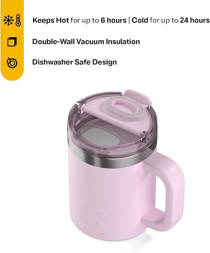 RTIC 12oz Essential Mug with Lid and Handle, Ceramic Lined, Insulated, Stainless Steel, Metal, Double Wall Vacuum-Insulation, Portable, Travel Cup for Hot and Cold Drink, Pale Pink