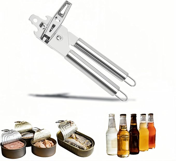Stainless Steel Manual Can Opener, 3-in-1 Multifunctional, High-Carbon Steel Cutting Wheel, Ergonomic Handle, 7.28 Inch, for Food Cans and Bottles