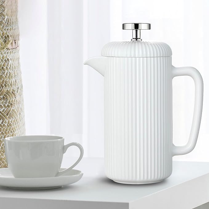 Easyworkz Porcelain French Press 34 fl oz, Coffee Tea Maker with Stainless Steel Plunger 1000 ml, Ivory