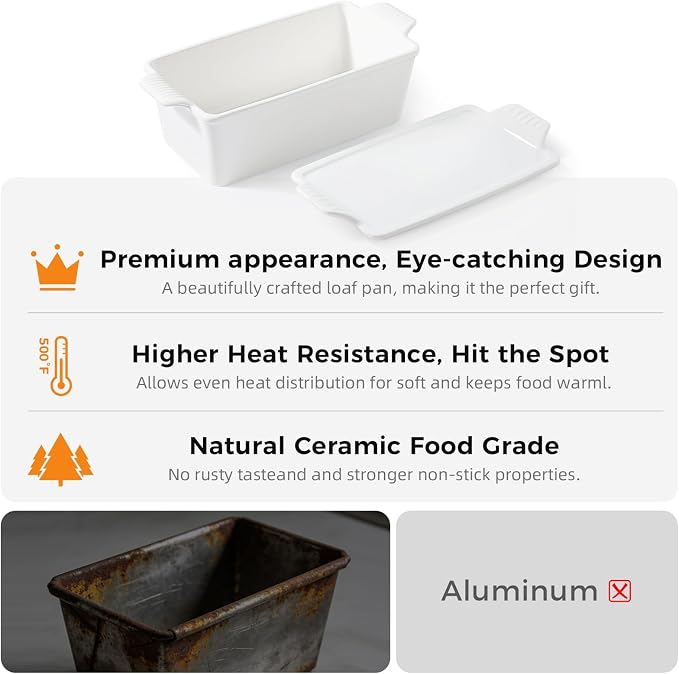 Ceramic Loaf Pan with Lid - 1.58 Qt Deep Bread Pan (10.94" x 5.23"), 2-in-1 Baking Dish for Homemade Bread Banana Bread Meatloaf, Oven Safe to 500°F, Dishwasher Freezer Safe, White
