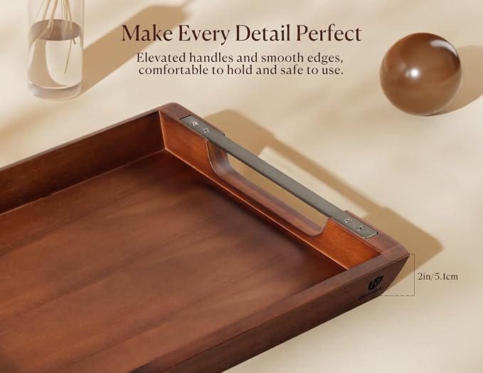 Acacia Wood Serving Tray with Metal Handle, 17x13in Tray for Ottoman | Decorative Food & Drink Tray for Coffee Table, Breakfast, Dinner, BBQ, Party, Lap, Couch, Rustic Home Decor, Elegant Gift Box
