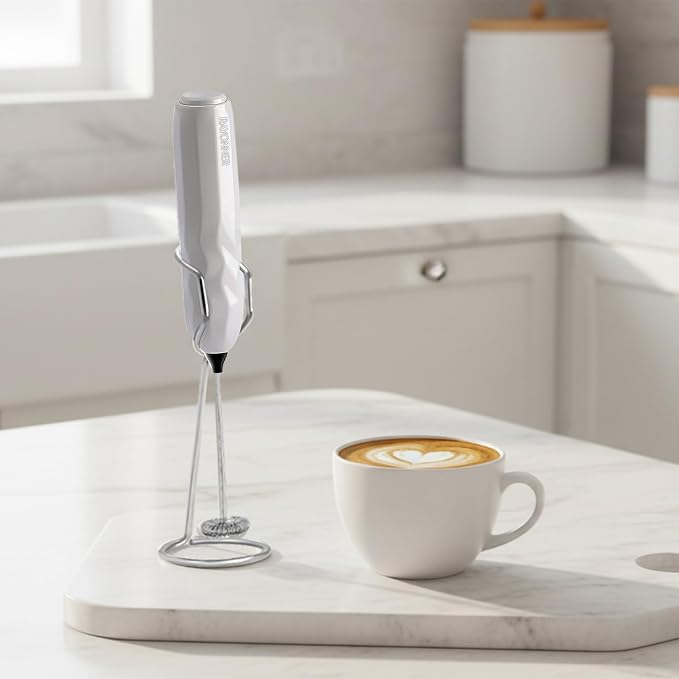 RAYONNER Milk Frother Coffee Frother Foam Maker 2Pack White with Stand | Fast Powerful Drink Mixer, Stainless Steel Whisk, For Coffee, Latte, Matcha