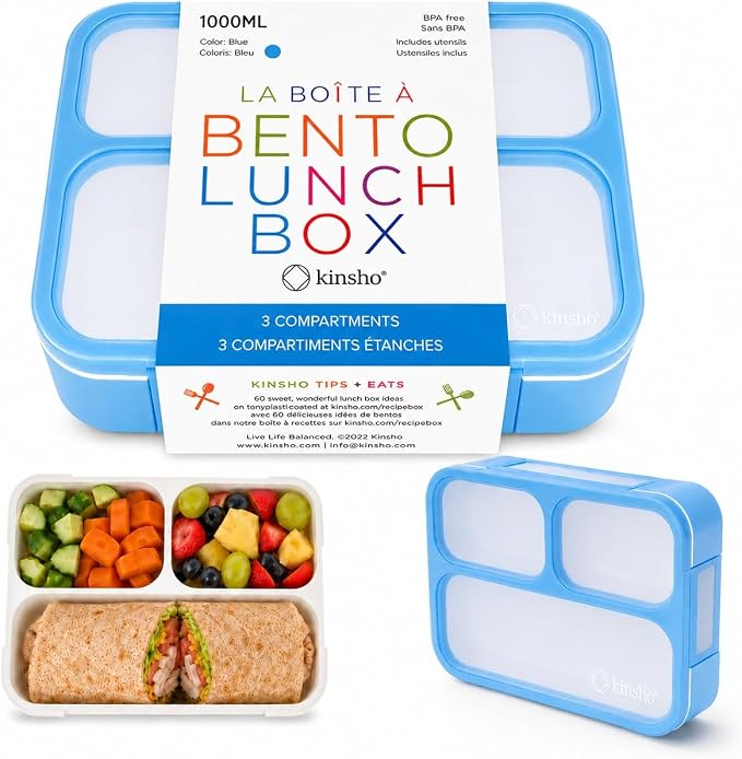 Bento Lunch Box Kids & Adults, Lunch and Snack Containers for Boys & Girls with 3 Compartments - School, Work Daycare, Meal Planning Portion Control Container, BPA-Free Boxes, Utensils, Blue 1 pack