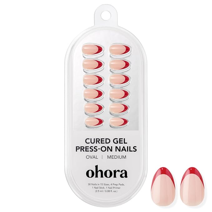 ohora Gel Press On Nails | Red, French, Medium Oval | Scarlet French | Salon-Quality, 100% Real Gel, No UV Lamp, No Glue, Non-Toxic | 15 Sizes, 30 Tips | Long Lasting press ons, K beauty nails