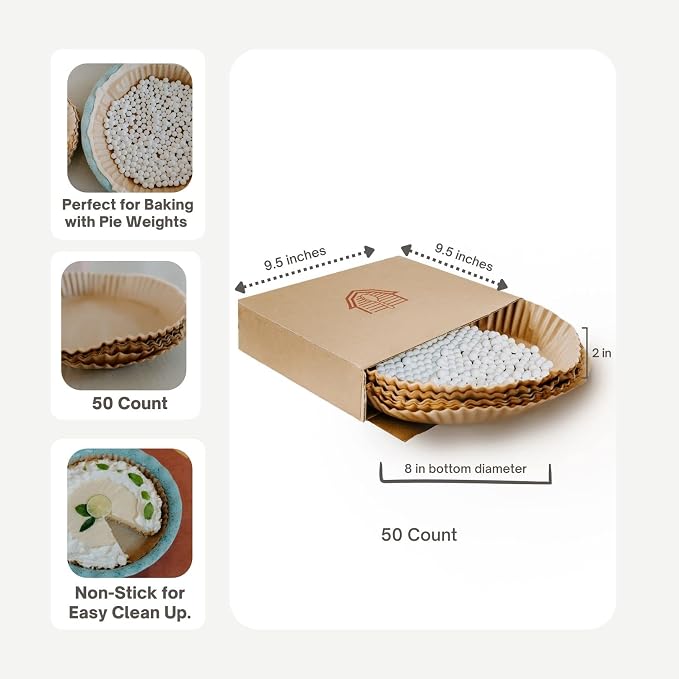 Parchment Paper for Pie Weights and Pans, Plastic Free Packaging, Pre Formed fit 8,9,10 Inch Dish, Natural Unbleached Food Grade Non-Stick Liners, High Heat Safe, Designed in USA, 50 Sheets