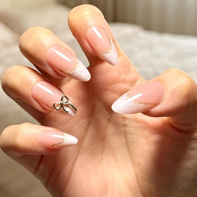 Press on Nails, 6 Packs (144 Pcs) Short Almond Sets, Cute 3D Bow French | 6-Style 12 Sizes, Glossy, Salon Quality, Reusable Full Cover, White Polka Dot Star Chrome Fake Nails