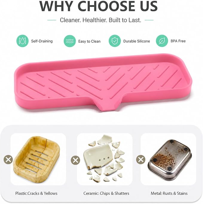 MicoYang Silicone Soap Dish with Drain Spout — Self-Draining Double Sink Organizer Tray for Kitchen & Bathroom, Dispensers, Sponges & Soap Holder, Non-Slip & Dishwasher Safe, Rose (Large, 12"×4")