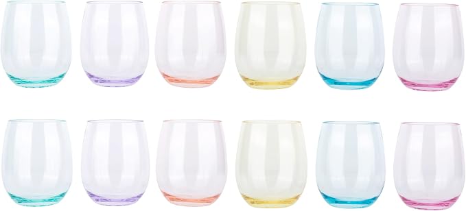 KOXIN-KARLU Classic 18-ounce Acrylic Stemless Wine Glasses, Unbreakable Mixed Drinkware Plastic Tumbler, set of 12 Mutlicolor