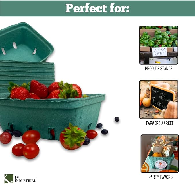 12 Pack Green Molded Pulp Fiber Berry/Produce 1.5 Quart Basket - Large Berry Basket