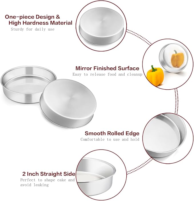 TeamFar 6 Inch Cake Pan, Stainless Steel Round Smash Cake Pan Baking Pans | Set of 3, Tier Cake Baking Pans, Fit in Pot Pressure Cooker Air Fryer, Healthy, Non-Toxic, Mirror Finish, Dishwasher Safe