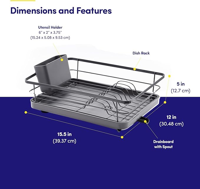 Dish Drying Rack 3 Piece Dish Drainer with Drainboard Set for Kitchen Counter – Dish Rack with Removable Utensil Holder & Swivel Spout for Countertop – DishRack for Plates, Cups & More, Gray