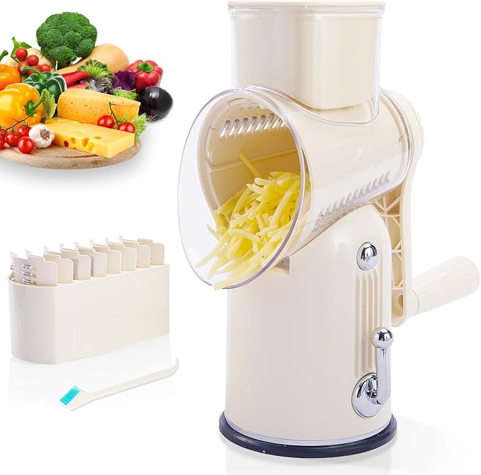 ENERGEVITY Hand Crank Rotary Cheese Grater, 5-in-1 Vegetable Slicer (White) | Easy to clean.Strong suction base.Internal barrel keeps hands away from blades.BPA-free food-grade ABS plastic.