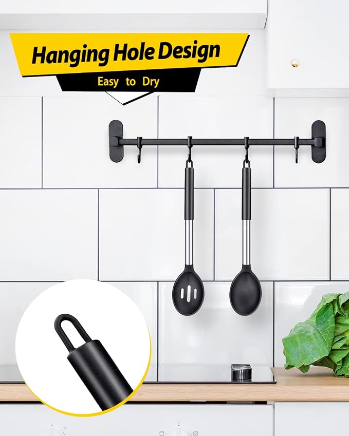 BUNDLEPRO Silicone Cooking Spoons for Non Stick Cookware, 2 Pack, Black | Heat Resistant, Large Kitchen Spoons for Mixing, Serving, Draining, Stirring