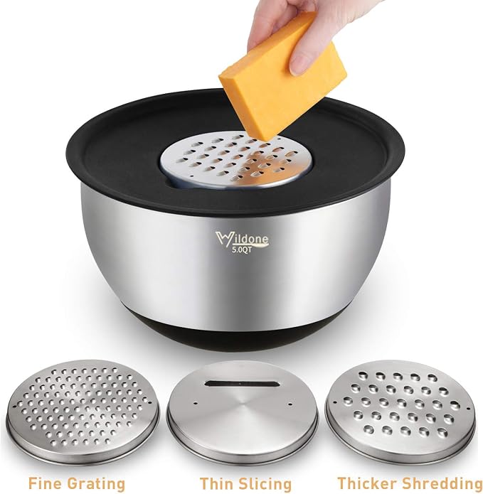 Wildone Mixing Bowls with Airtight Lids Set, 5PCS Stainless Steel Nesting Bowls for Kitchen, with Grater Attachments & Non-Slip Bottoms, Size 5, 3, 2, 1.5, 0.63 QT, Great for Mixing & Serving