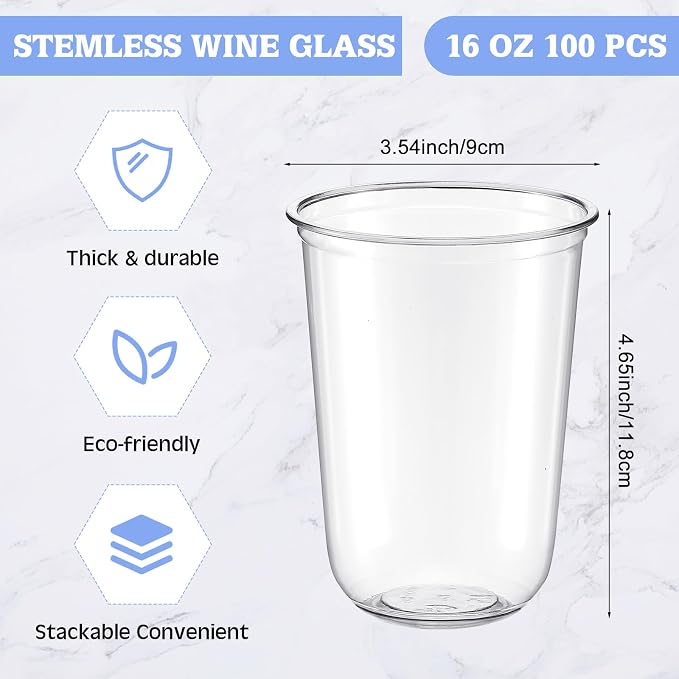 Ziliny 100 Pcs 16oz Plastic Stemless Wine Glasses Disposable, Clear | Plastic Wine Glasses for Parties Weddings Birthdays, Cocktail Drinking Cups, Round Bowl, Bulk Event Supplies