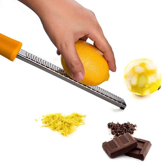 8-Inch Lemon Zester & Cheese Grater, 18/8 Stainless Steel, Orange | Fine 18/8 Stainless Steel Blade for Citrus, Parmesan, Ginger and Garlic, Soft Non-slip Handle, Cover, Dishwasher Safe