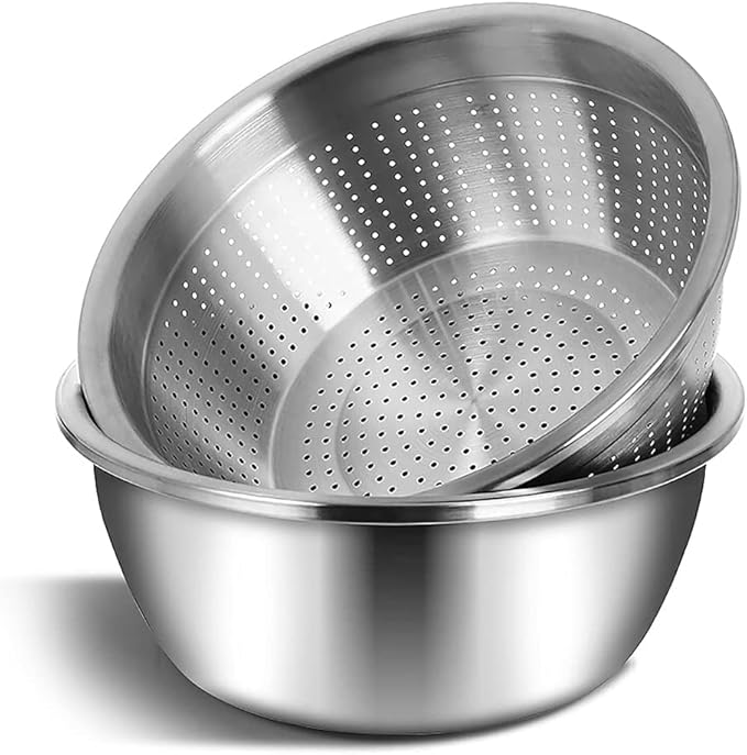 meleg otthon Stainless Steel Mixing Bowls, 5.8QT Salad Bowl, Metal Bowls with Water Filter Basin, Stainless Steel Basin, Heavy Duty Deeper Edge Mirror Finish Dishwasher Safe Bowl (L)