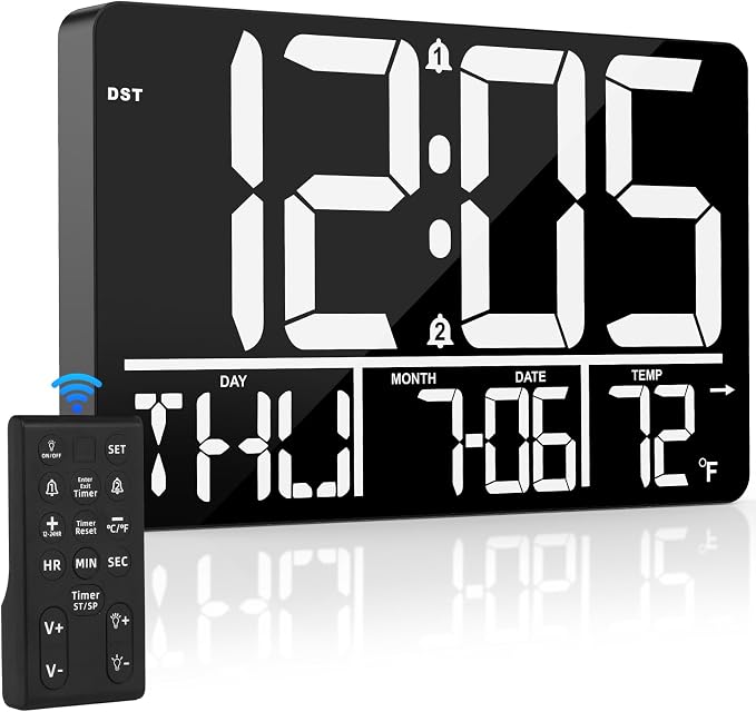 PERSUPER 13" Digital Wall Clock Large Display with Remote, Temp & Timer | Auto Dimming, 12/24H, DST, Calendar, 25 Ringtones, for Living Room, Kitchen, Bedroom, Office & Elderly