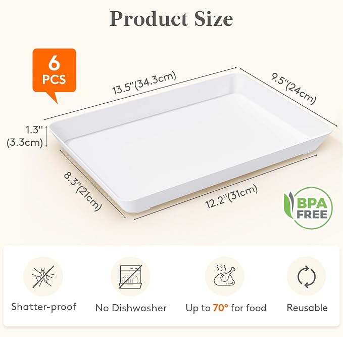 Lifewit 6 Pcs Serving Tray for Party Supplies, Reusable Plastic Food Serving Platter for Dessert, Snacks, Fruit, Cookies, Appetizers & Charcuterie, BPA-Free White Catering Trays for Buffets Display
