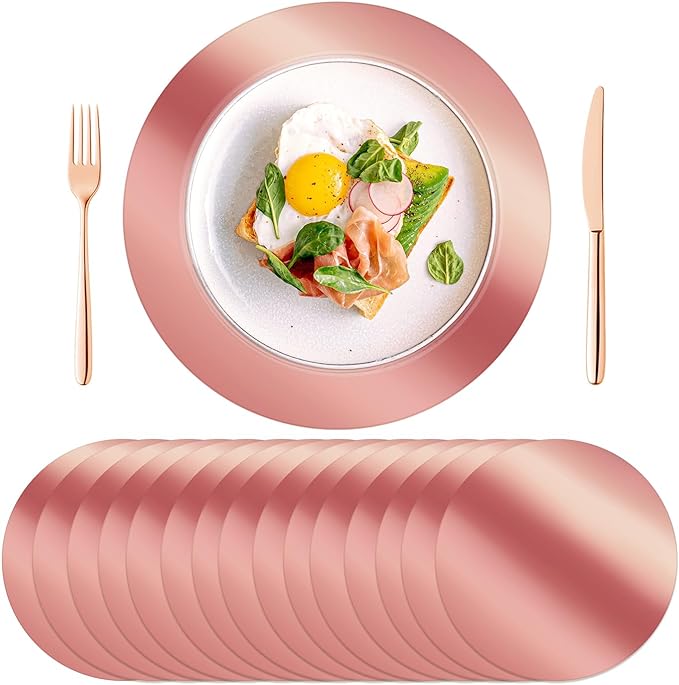50PCS Round Rose Gold Placemats, Disposable Paper Chargers Plate | 13in Mirrored Rose Gold Paper Placemats for Dining Table, Kitchen, Banquet, Table Setting, Wedding, Birthday, Party