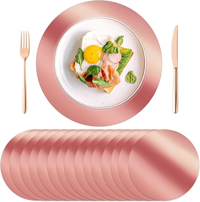 100PCS Round Rose Gold Placemats, Disposable Paper Chargers Plate | 13in Mirrored Rose Gold Paper Placemats for Dining Table, Kitchen, Banquet, Table Setting, Wedding, Birthday, Party