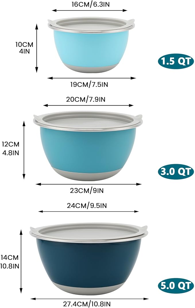 18/8 Stainless Steel Mixing Bowls Set with Lids,1.5,3 & 5 Qt,Blue | Non-Slip Silicone Base & Measurement Marks, Airtight Food Storage for Baking, Cooking & Meal Prep，Nesting Design