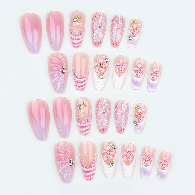 Summer French Tip Press on Nails Long Almond Pink Gradient Fake Nails 3D Floral Nails with Starfish Rhinestone Designs Vacation Beach False Nails Full Cover Artificial Nails for Women Manicure 24Pcs