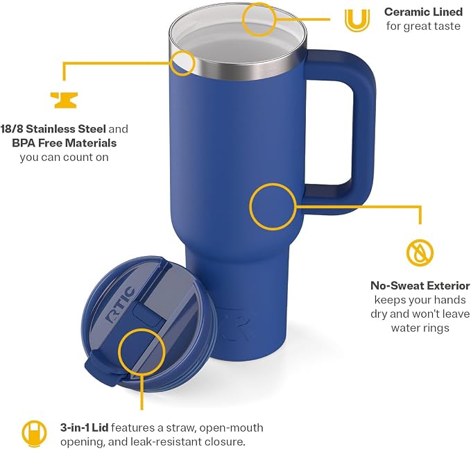 RTIC 40oz Road Trip Tumbler, Insulated, Ceramic Lined, Cobalt | with Lid, Handle and Straw, Stainless Steel Metal Cup, Portable for Hot and Cold Drinks, Coffee, Car, Camping, Travel