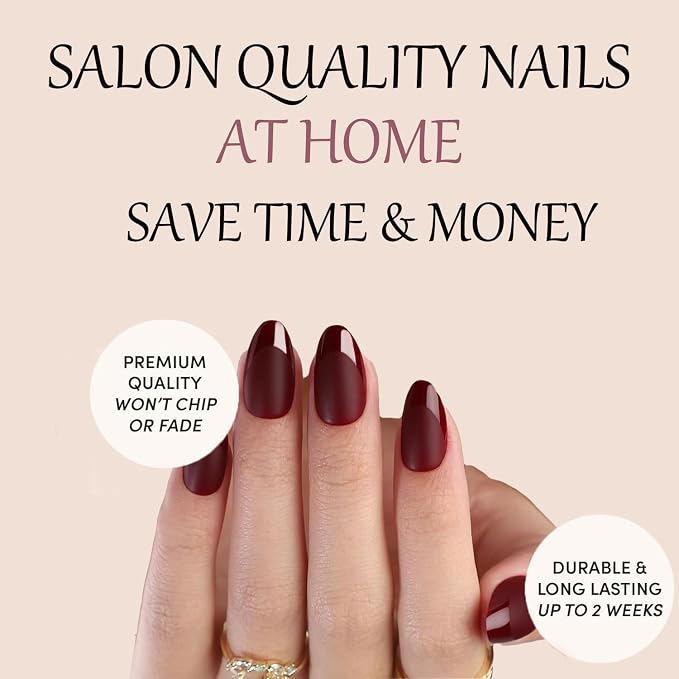 Press On Nails, Dark Red, Short Almond | Glossy French Tips, Matte,salon quality