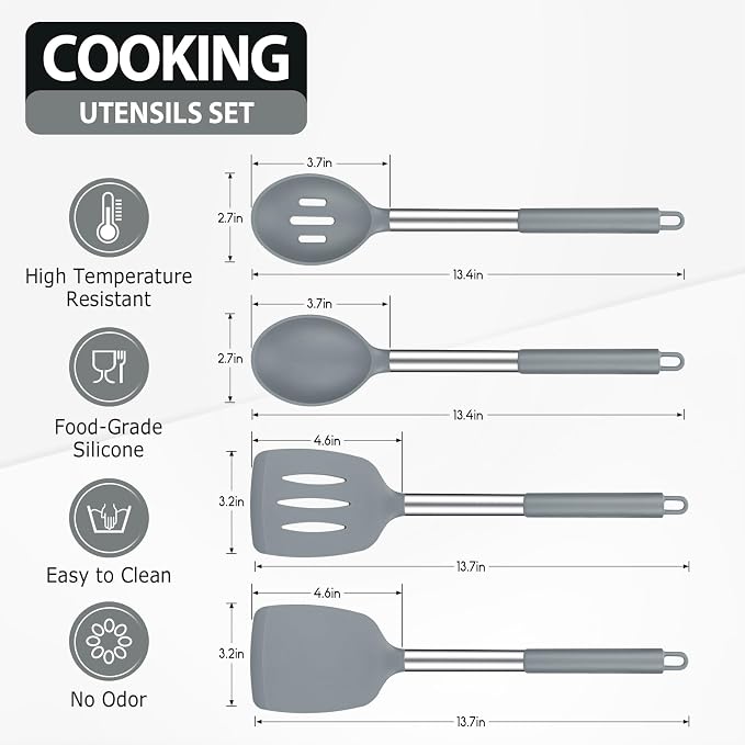 Large Silicone Cooking Spatulas and Spoons, BPA Free, 4 Pack (Grey) | Slotted & Solid Stainless Steel Cooking Utensils Set, Non-stick Heat Resistant Kitchen for Baking, Fried, Stir-Fry, Serving