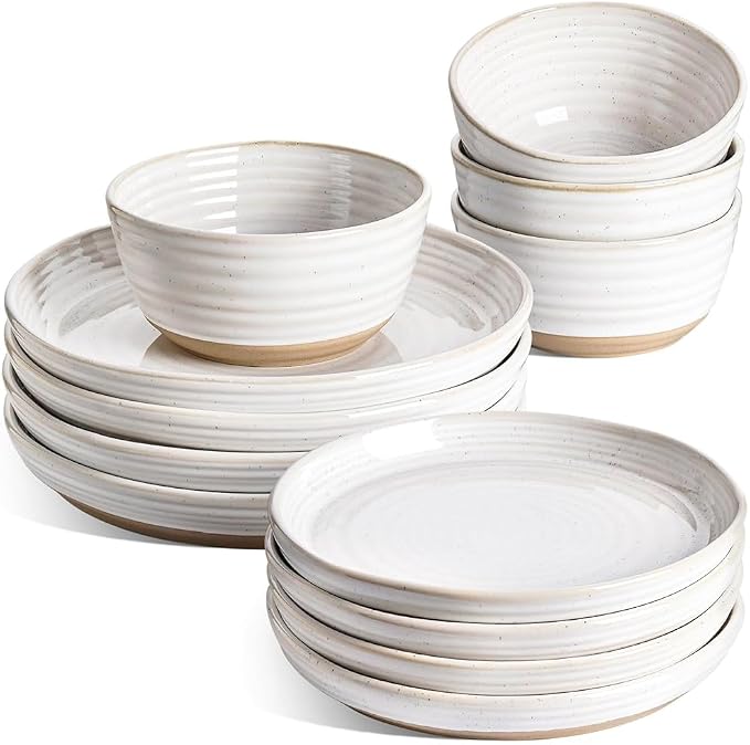 LE TAUCI Ceramic Dinnerware Sets for 4, 12 Piece Plates and Bowls Sets, Chip Resistant Kitchen Dish Set, Microwave & Dishwasher Safe, Arctic White (8"&10" Plate, 28oz Bowl)