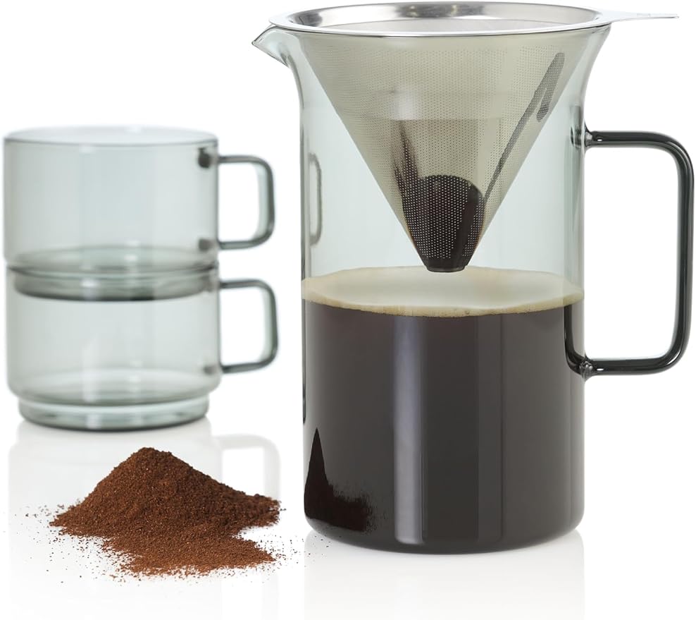 AdHoc Pour Over Coffee Maker - Manual Brewer for Ground Coffee - Reusable Stainless Steel Filter - Heat-Resistant Glass Coffee Dripper - Dishwasher Safe
