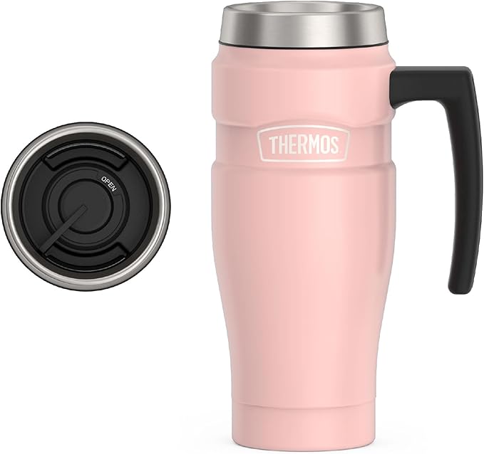 THERMOS Stainless King Travel Mug with Handle, 16oz, Matte Pink | Vacuum-Insulated Travel Mug with Handle for Hot & Cold Drinks, Stainless Steel Coffee Mug with Lid for Commuting