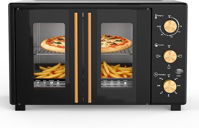 VBGK French Door electric Knob Oven, 35 QT Extra Large Oven,18-Slice Convection Oven3-Control Knobs, Bake Broil Toast Grilled Meat Keep Warm, black Metal,Equipped with a tray and a rack.