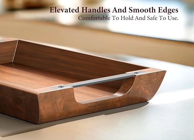 Acacia Wood Serving Tray, 15×10in Tray for Ottoman, Space-Saving | Coffee Tray with Metal Handles, Rustic Wooden Breakfast and Drink Tray, Perfect for Sofa Arms, Bedside Tables, or Office Desk