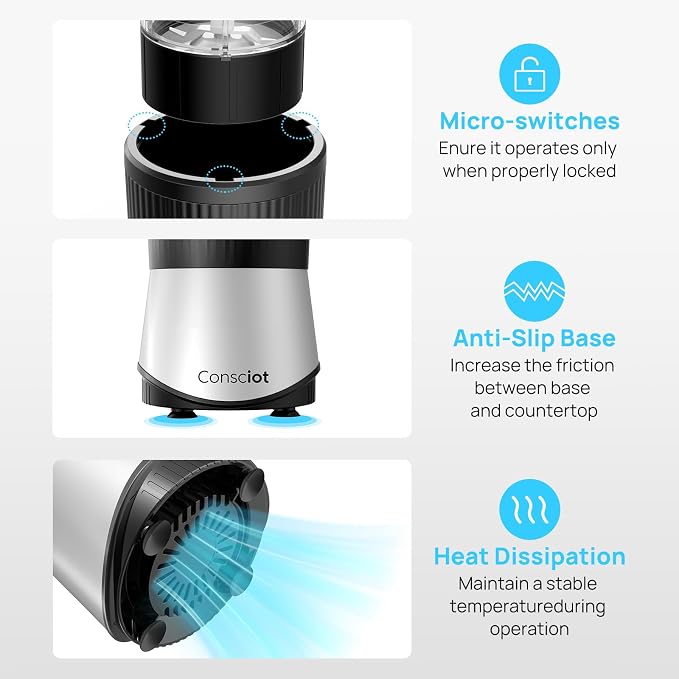 Consciot 16-Piece Blender & Grinder Combo for Kitchen and Personal Size | Blend Shakes & Smoothies, Frozen Drinks, Baby Food, Spreads & More, 4 BPA-Free Portable To-Go Cups & 4 Lids, 900 Peak Watts