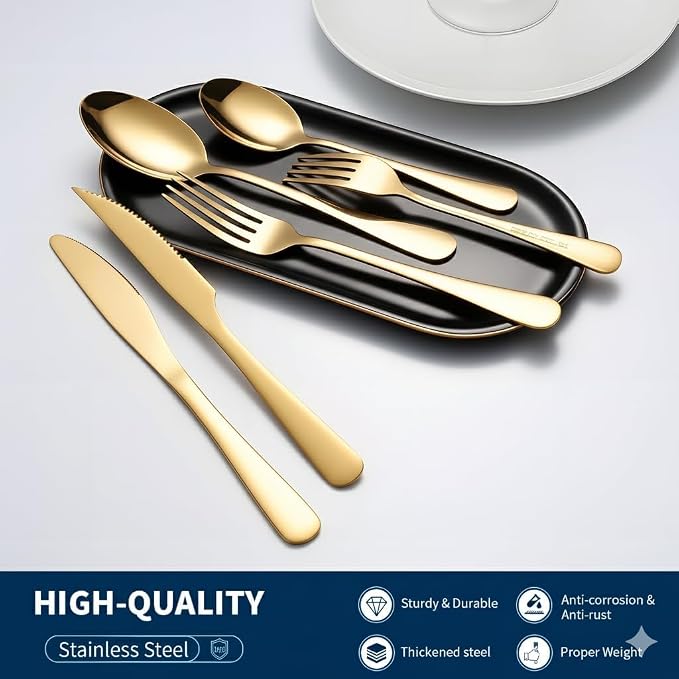 GPY 48-Piece Gold Silverware Set with Steak Knives, Flatware Set for 8 | 18/0 Stainless Steel Forks Spoons and Knives Flatware Set with Mirror Polish, Dishwasher Safe for Home Kitchen & Restaurant