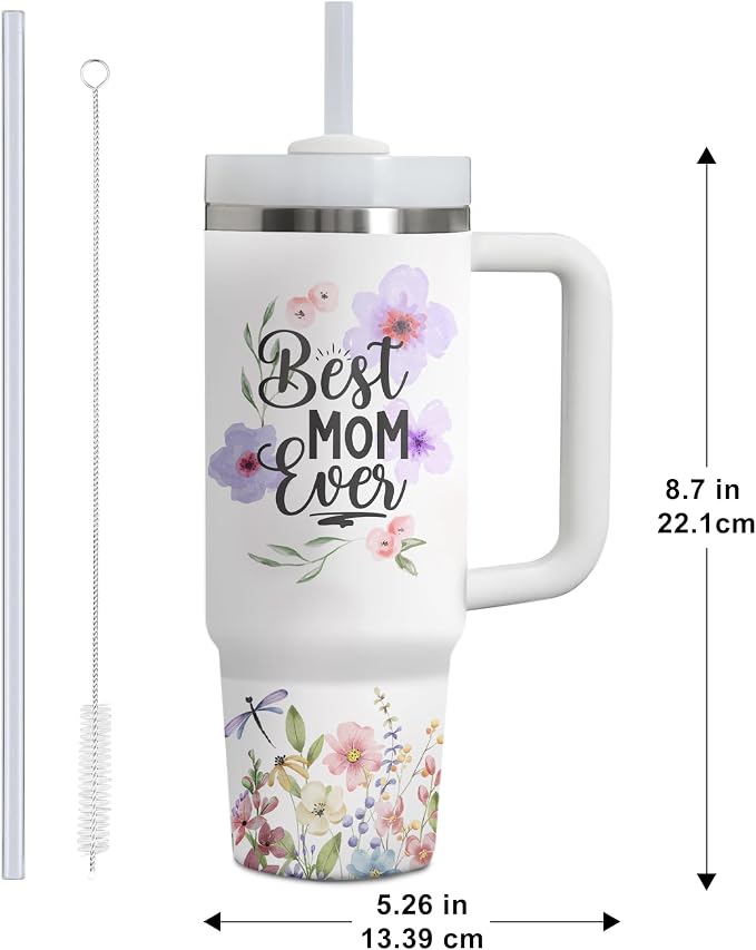 Gossby Best Mom Ever Tumbler, 30oz Stainless Steel with Handle and Straw | Birthday Gifts for Mom, Floral Watercolor Design, Mom Cup with Straw, Insulated Travel Mug for Women, Gift for Mama