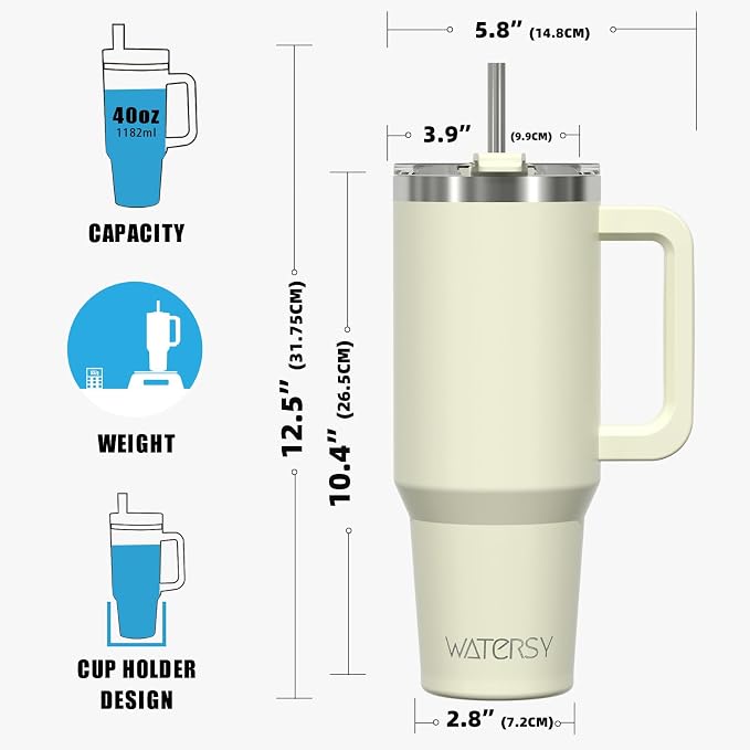 40 oz Tumbler with Handle,Tumbler with Lid and Straw,Double Wall Insulated Cup Stainless Steel Travel Mug(Cold for 34 Hours),Water Bottle for Iced Tea,Coffee,Cold Beverages(Cream White)