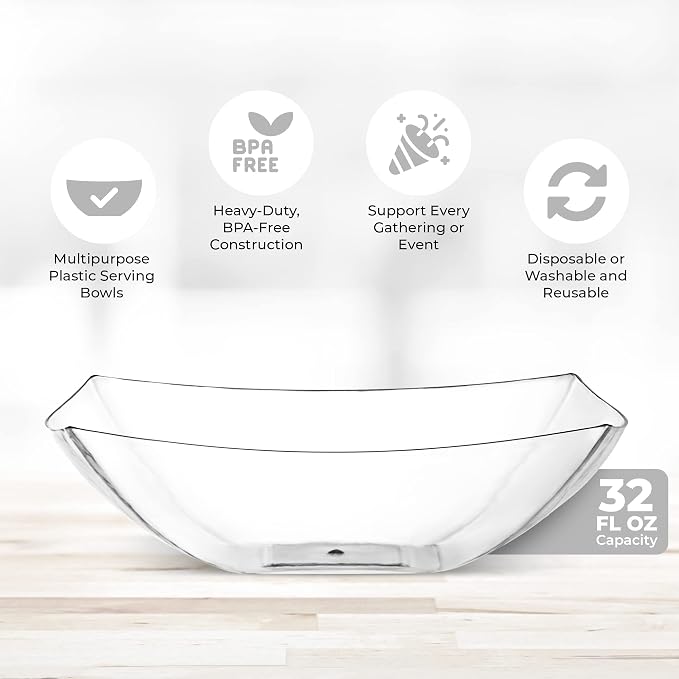 4 Pack Disposable Clear Plastic Serving Bowls Square Party Candy Use 32oz | Square Design. Disposable Party Tableware. Salad, Fruit & Candy Use. Candy Buffet Containers. Clear Plastic.
