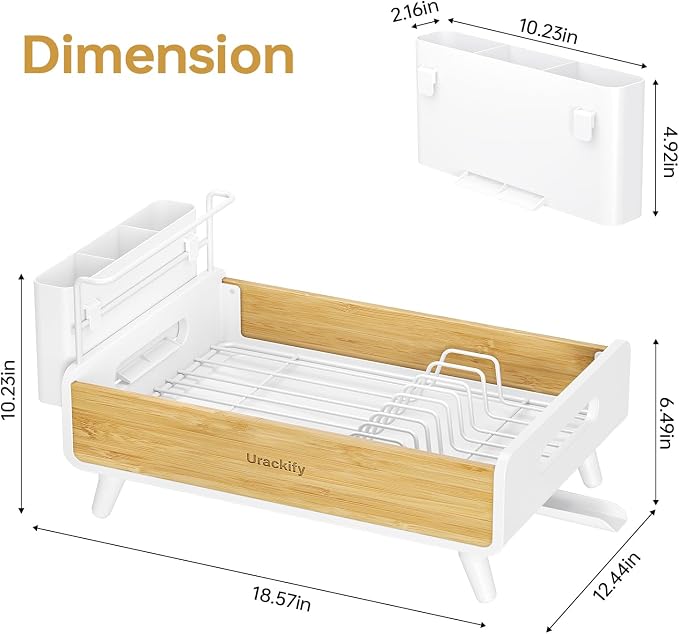 Urackify Modern Dish Rack for Kitchen Counter,Stainless Steel&Bamboo,White | Elegant Bamboo Accent, Large Capacity, Self-Draining Spout, Rust-Resistant, Removable Utensil Holder