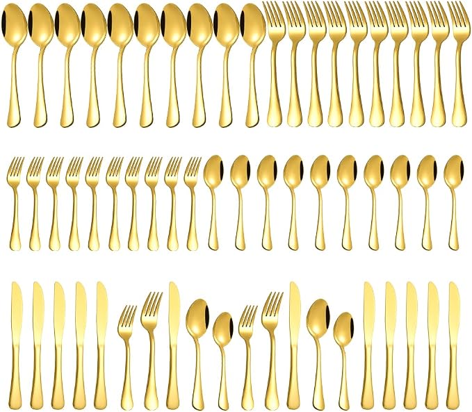 Gold Silverware Set for 12, Compralo 60 Pieces Stainless Steel Shiny Gold Flatware Set, Cutlery Tableware Set Include Spoons, Forks, Knives for Home and Restaurant