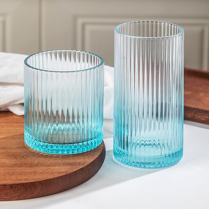 Ribbed Drinking Glasses 8pcs, 12oz and 10oz Glassware, Tumbler Glasses Cup Set for Wedding, Party, Christmas Gift, Blue
