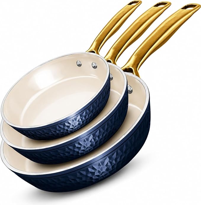 GOTHAM STEEL Hammered 3 Pc Nonstick Frying Pans Set, Cream | 8, 10, 12" Fry Pans, Heavy Duty 3.0MM Gauge, Non Toxic PFOA/PFOS/PTFE Free, Induction Compatible, Oven and Dishwasher Safe