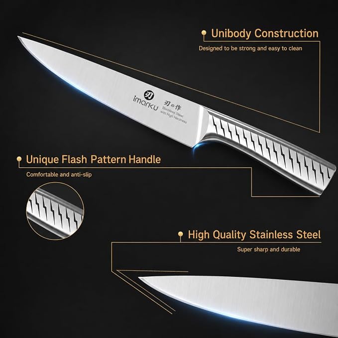iMarku 14-Piece High-Carbon Stainless Steel Knife Set with Non-Slip Handles | Japanese-style knife set with block and built-in sharpener, distinctive textured finish, and gift box—ideal for gifting.